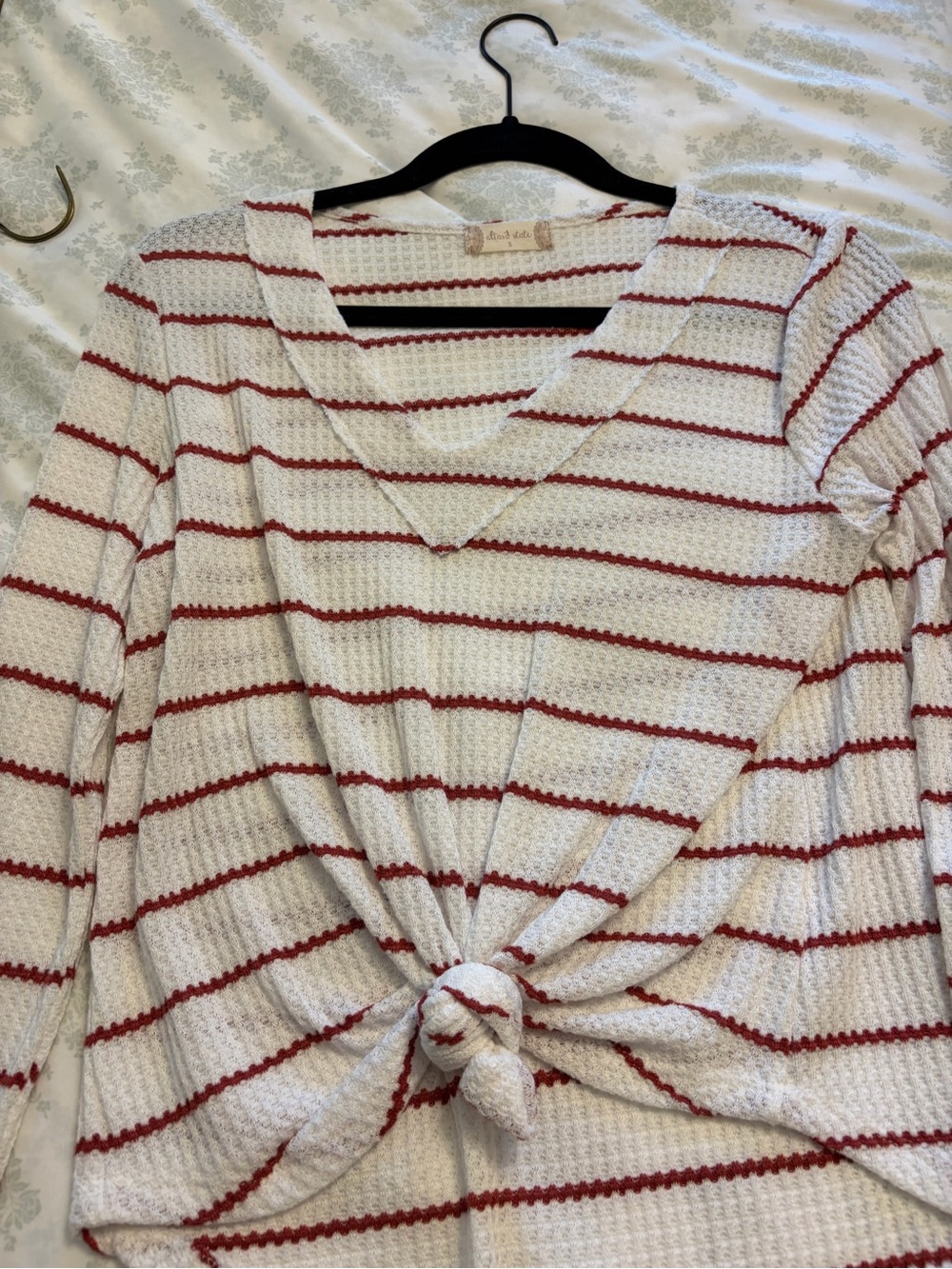 Altar'd State Cream and Red Striped V-Neck Knot Sweater